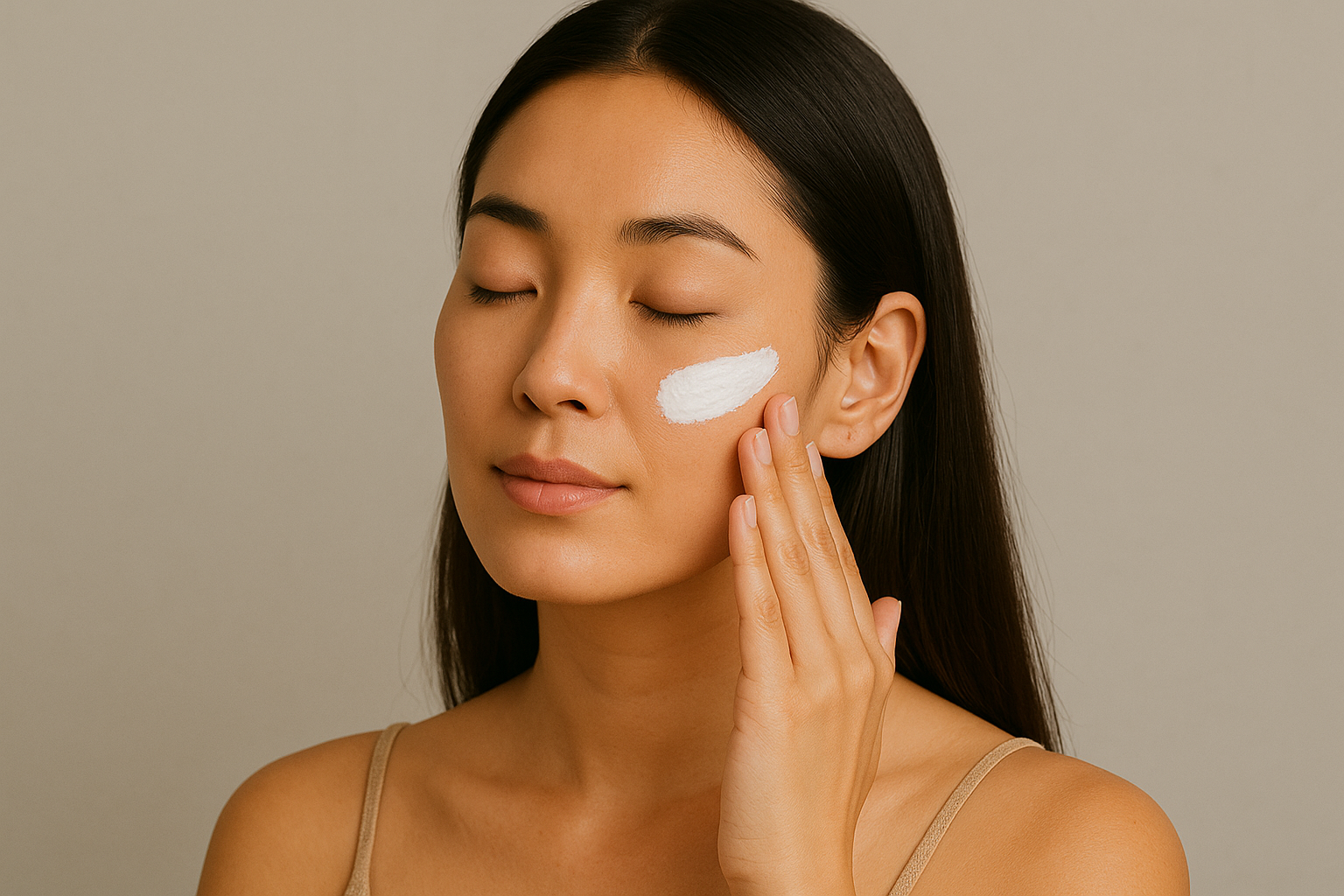 Ein Frauengesicht, das Hautcreme auf die Haut aufträgt.